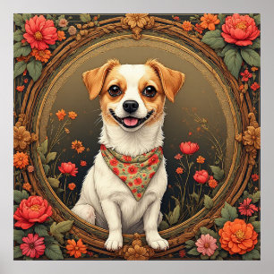 Bedårande hund ramad av färgglada blommor poster