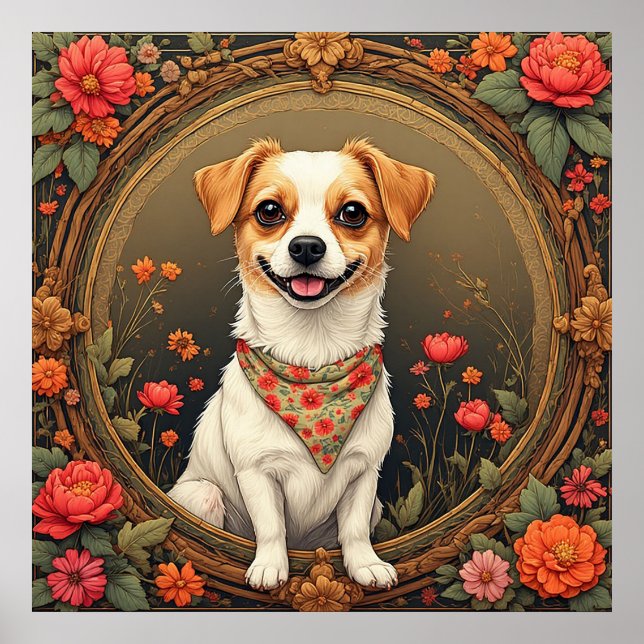 Bedårande hund ramad av färgglada blommor poster (Framsidan)