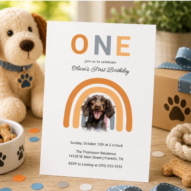 Bedårande hundregnbågevattenfärg 1-årsfest inbjudningar (Adorable Dog Rainbow Watercolor 1st Birthday Party Invitation)