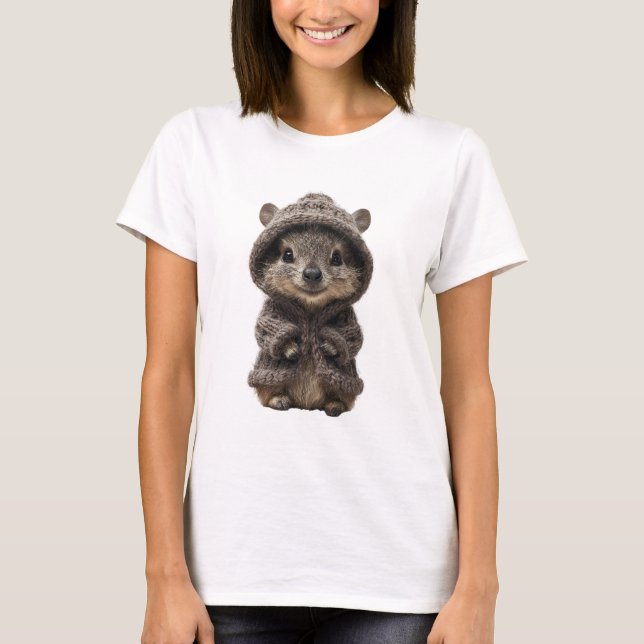 Bedårande Igelkott i Brun Stickad Hoodie T Shirt (Framsida)