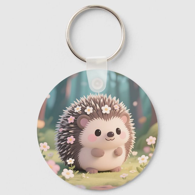 Bedårande Igelkott med Blommor Kawaii Skog Nyckelring (Framsida)