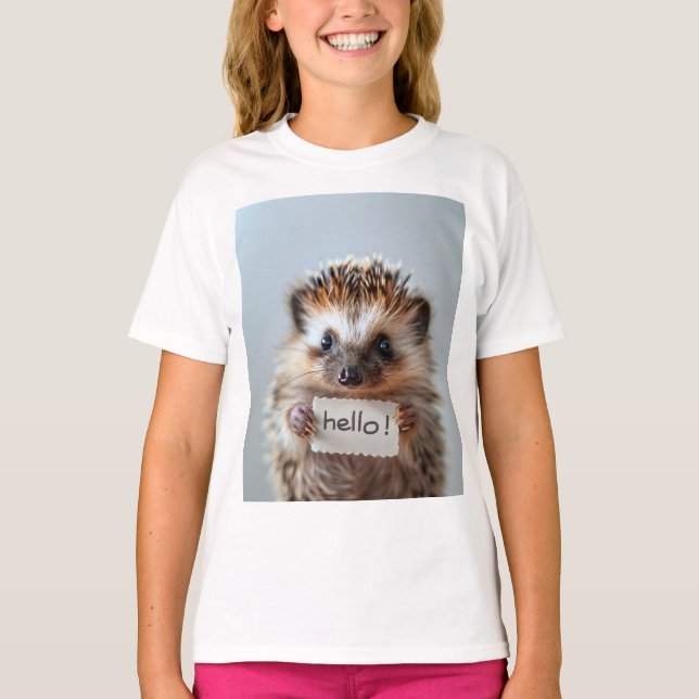 Bedårande Igelkott som Håller "Hej!"-Skylt T Shirt (Framsida)
