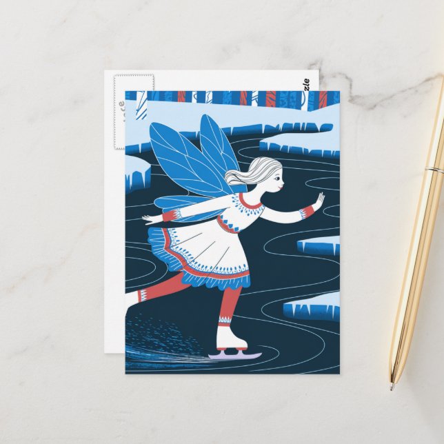 Bedårande isdansande älva på vinterdamm vykort (Fram/Back In Situ)