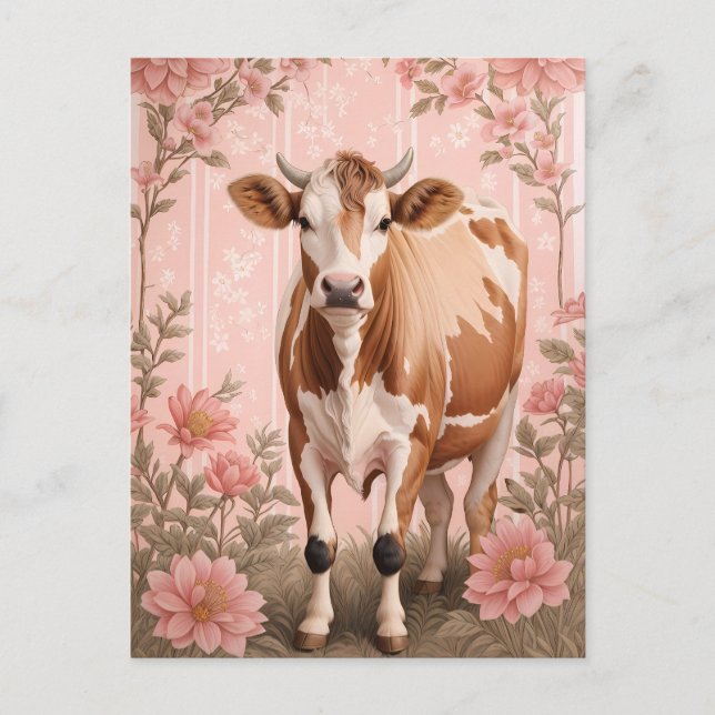 Bedårande Jersey Ko Rosa Blommig Vykort (Framsida)