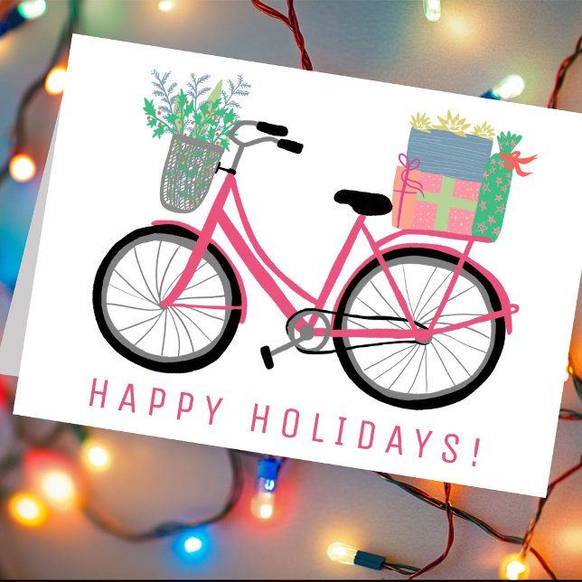 Bedårande julcykel Söt rosa högtid jul Kort (Adorable Christmas Bicycle Hand Drawn Cute Pink Holiday Xmas Card
)