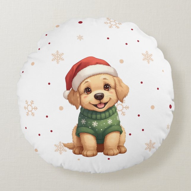Bedårande julhund - Festiv valp jul Rund Kudde (Framsidan)