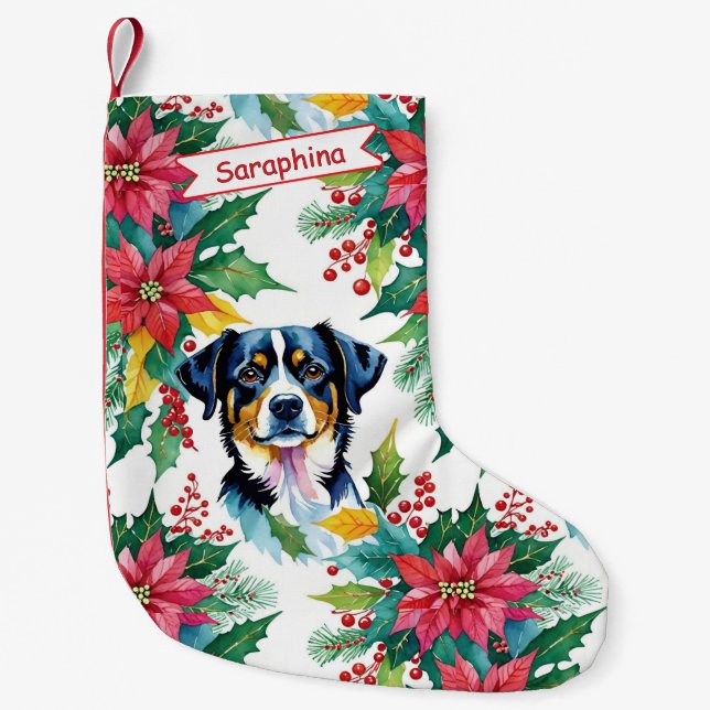 Bedårande julhund med julstjärnor liten julstrumpa (Framsidan)