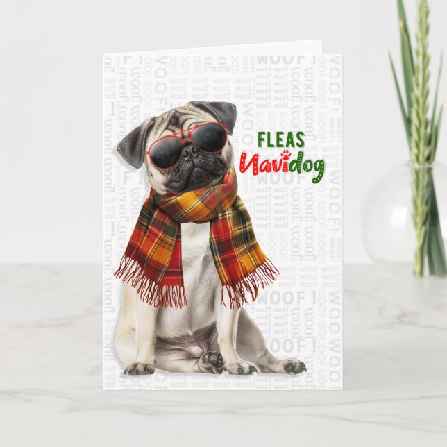 Bedårande julpug hund roliga loppor Navidog Helgkort (Framsida)