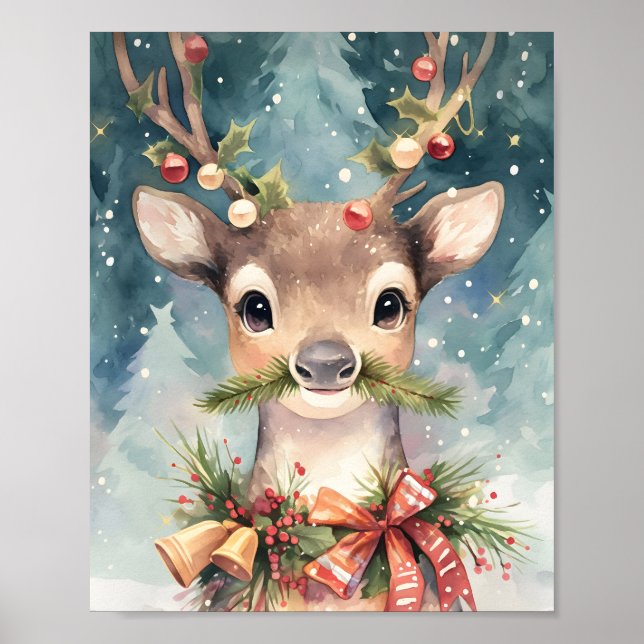 Bedårande julrenhjort i akvarell väggdekor poster (Framsidan)