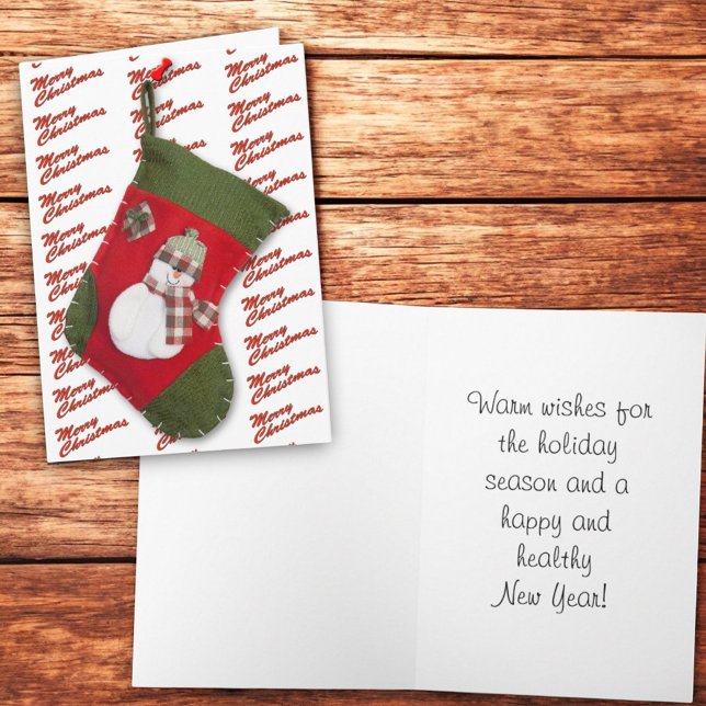Bedårande julstrumpa Snöman över vit bakgrund Helgkort (front and inside template Christmas greeting card)