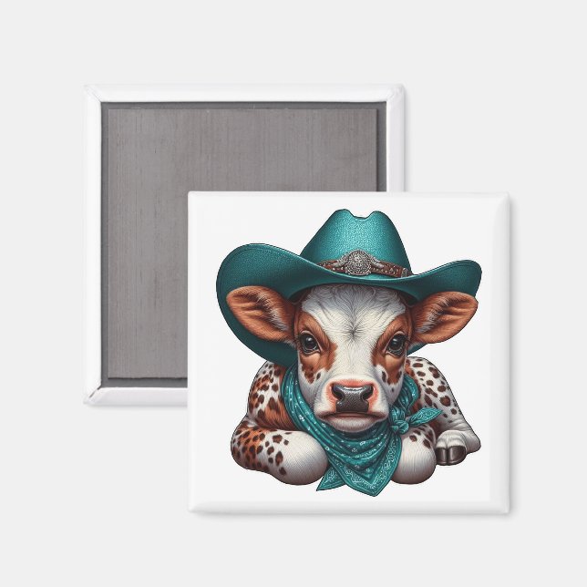 Bedårande kalv i cowboyhatt och bandana   magnet (Front/Back)