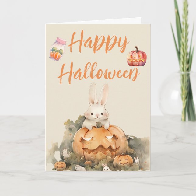 Bedårande kanin i halloween-pumpafält helgkort (Framsida)