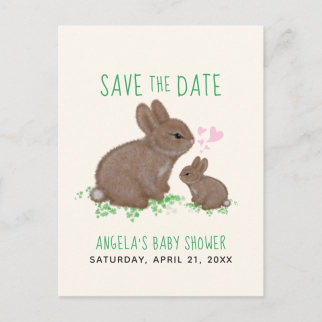 Bedårande kaniner Hjärtan Baby Shower Spara Datum Meddelande Vykort (Framsida)