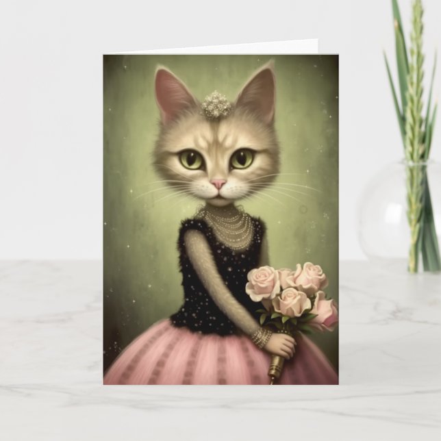 Bedårande katt håller rosa rosor kort (Framsida)