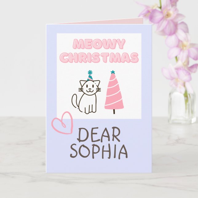 Bedårande katt i hatt & träd Glad jul Pastell CA Kort (Orkide)