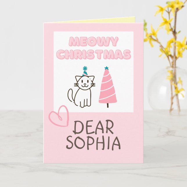 Bedårande katt i hatt & träd Glad jul Pastell Ca Kort (Gul blomma)