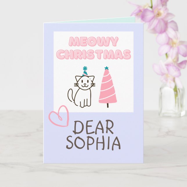 Bedårande katt i hatt & träd Glad jul Pastell Kort (Orkide)