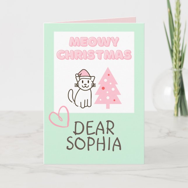 Bedårande katt i mössa och träd Glad jul Pastell F Kort (Framsida)
