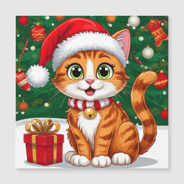 Bedårande katt i tomteluva med present (Framsida)