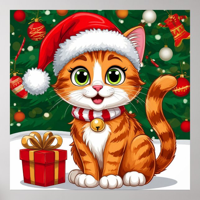 Bedårande katt i tomteluva med present poster (Framsidan)