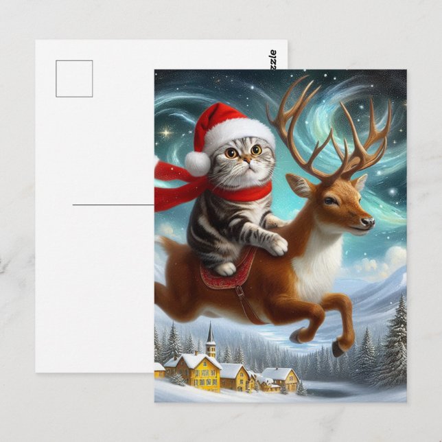 Bedårande katt jultomten och renarna jul vykort (Fram/baksida)