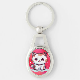Bedårande Katt Kawaii Stil Clipart Ovalt Silverfärgad Nyckelring