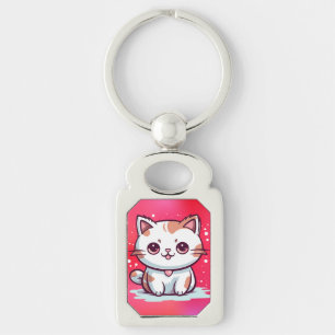 Bedårande Katt Kawaii Stil Clipart Rektangulärt Silverfärgad Nyckelring