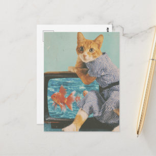 Bedårande katt med guldfisk på TV Retro Collage Vykort