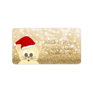 Bedårande katt med Santa Hatt, Glittrande Bokeh Adressetikett