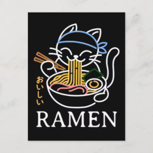 Bedårande katt njuter av smakrika ramen nudlar fes helg vykort