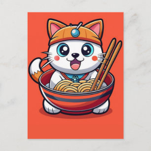Bedårande katt njuter av smakrika ramen nudlars fe helg vykort