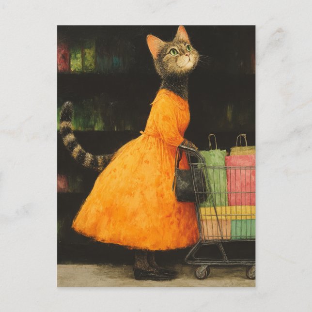 Bedårande katt shopping vykort (Framsida)