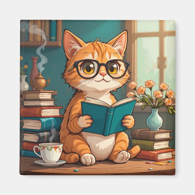 Bedårande katt som bär glasögon läser en bok magnet (Framsidan)