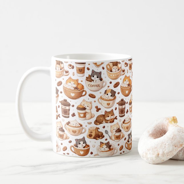 Bedårande Katten & Kaffe Mönster Mugg  (Med munk)