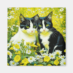 Bedårande katter som sitter i en äng med tusenskön magnet