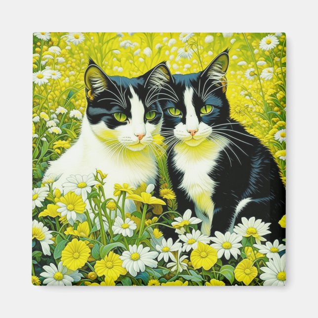Bedårande katter som sitter i en äng med tusenskön magnet (Framsidan)