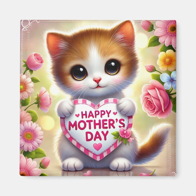 Bedårande kattunge som håller Mors dag-hjärta Magnet (Framsidan)