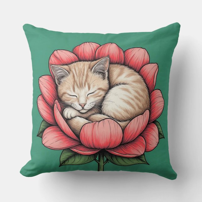 Bedårande kattunge sover inuti blomma kudde (Framsida)