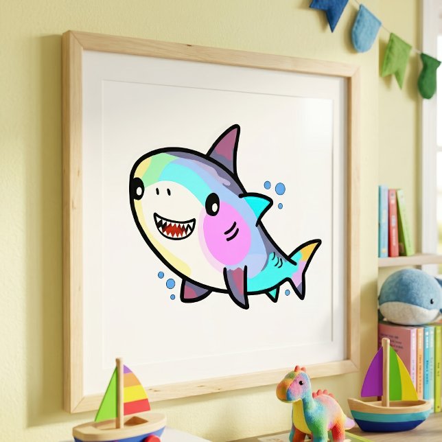 Bedårande Kawaii Babyhaj med regnbågens pasteller Fototryck (Adorable Kawaii Baby Shark with Rainbow Pastels. Photo Print)