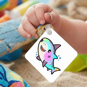 Bedårande Kawaii Babyhaj med regnbågens pasteller Nyckelring