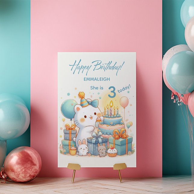 Bedårande Kawaii Björn Födelsedag för 3 Årig  Kort (Skapare uppladdad)