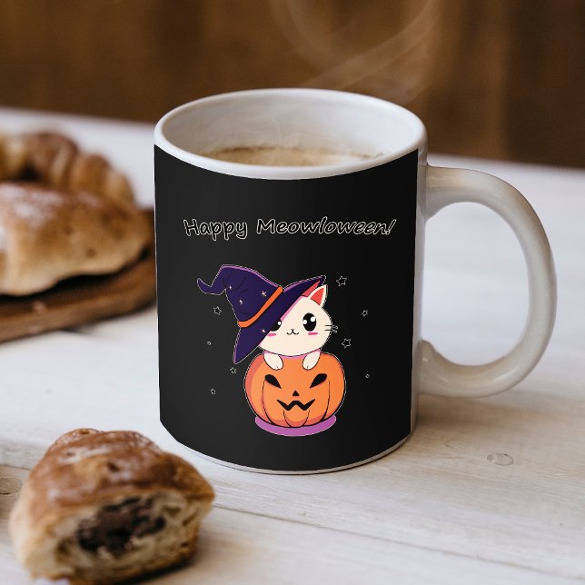 Bedårande Kawaii Hälig Katt i Halloweenpumpa Kaffemugg (Skapare uppladdad)