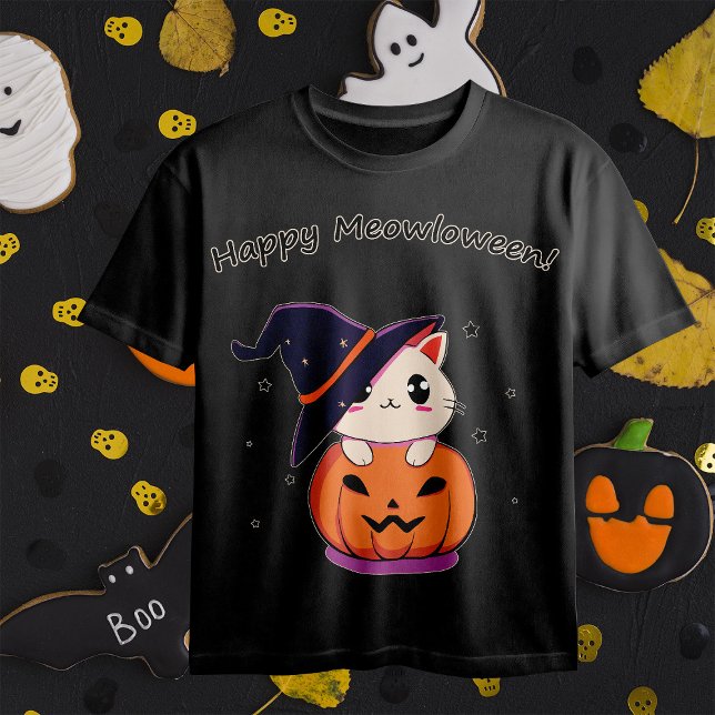 Bedårande Kawaii Häligubbe Katt i Halloween-pumpa T Shirt (Skapare uppladdad)