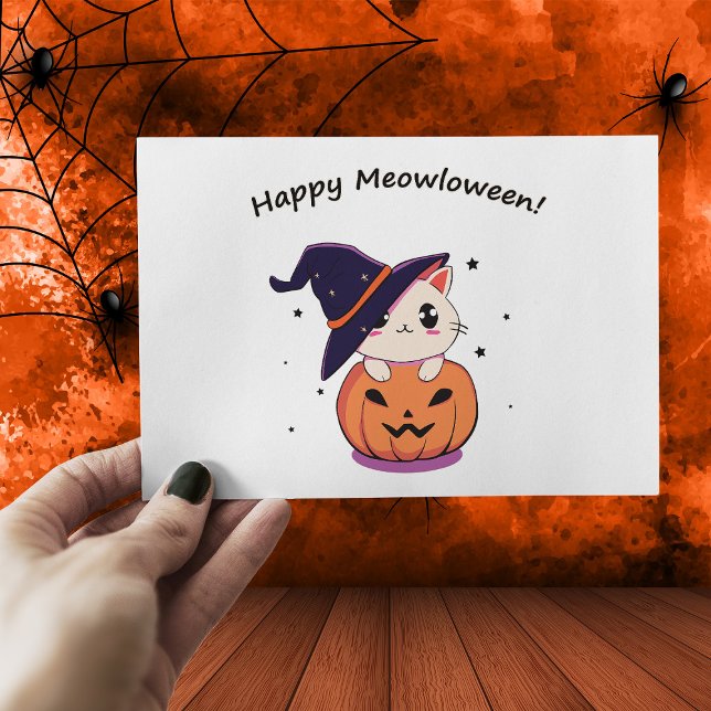 Bedårande Kawaii Häligubbe Katt i Halloween-pumpa Vykort (Skapare uppladdad)