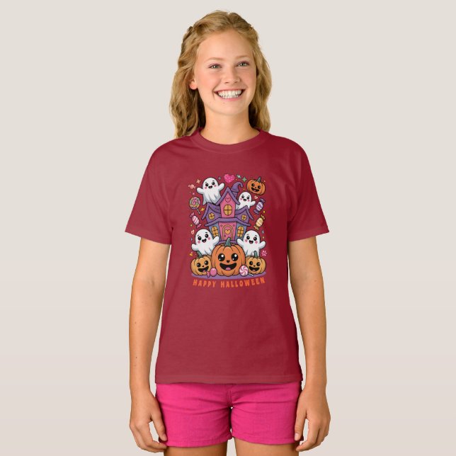 Bedårande Kawaii Halloween | Glada Spöken & Pumpor T Shirt (Hel framsida)