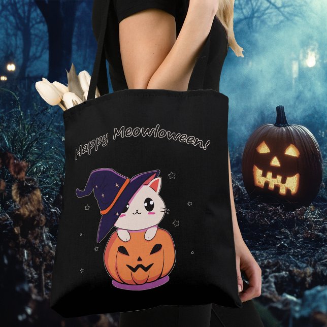 Bedårande Kawaii Häxa Katt i Halloween Pumpa Tygkasse (Skapare uppladdad)