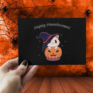 Bedårande Kawaii Häxa Katt i Halloween Pumpa Vykort