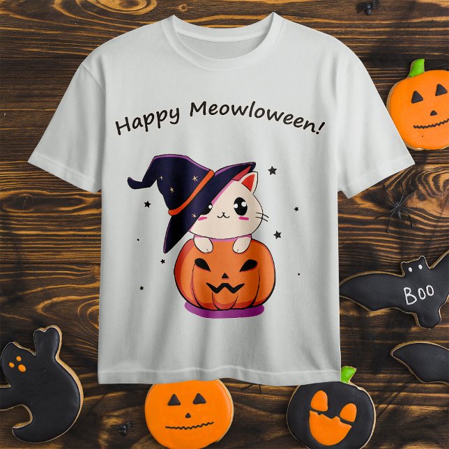 Bedårande Kawaii Häxkatten i Halloweenpumpa T Shirt (Skapare uppladdad)