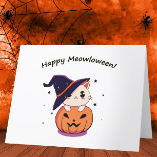 Bedårande Kawaii Häxkatten i Halloweenpumpa Tack Kort