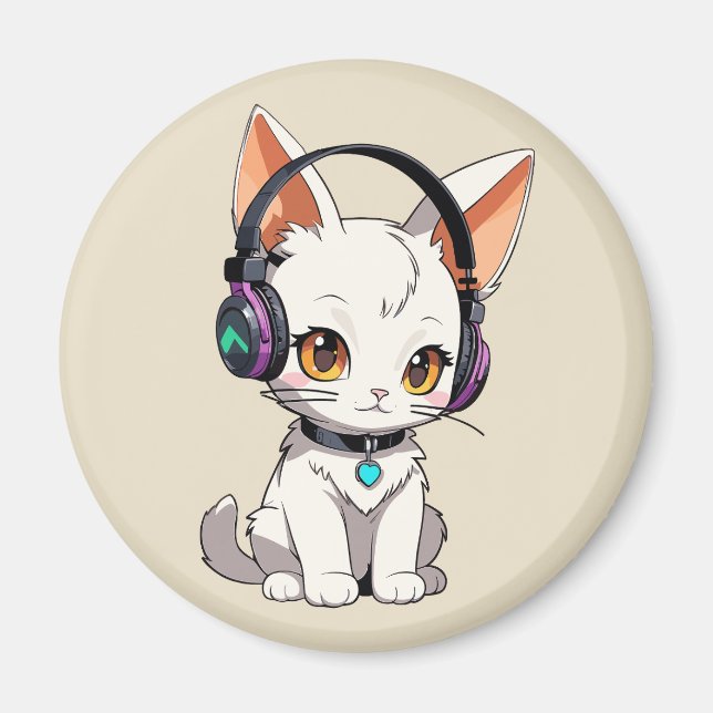Bedårande Kawaii Katt med Hörlurar Magnet (Framsidan)